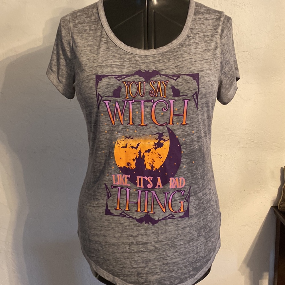 Halloween/ Witch/ women’s short sleeve print T-shirt gray orange purple L 11/13